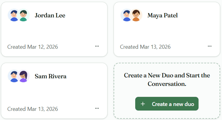 Duogenda duos page showing 1:1 cards and the create duo call to action.